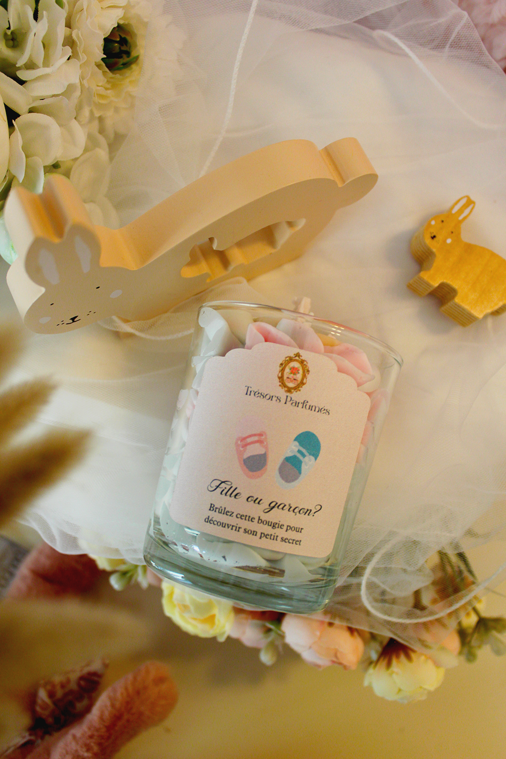 Bougie gourmande "Fille ou garçon?" - parfum poudre de riz