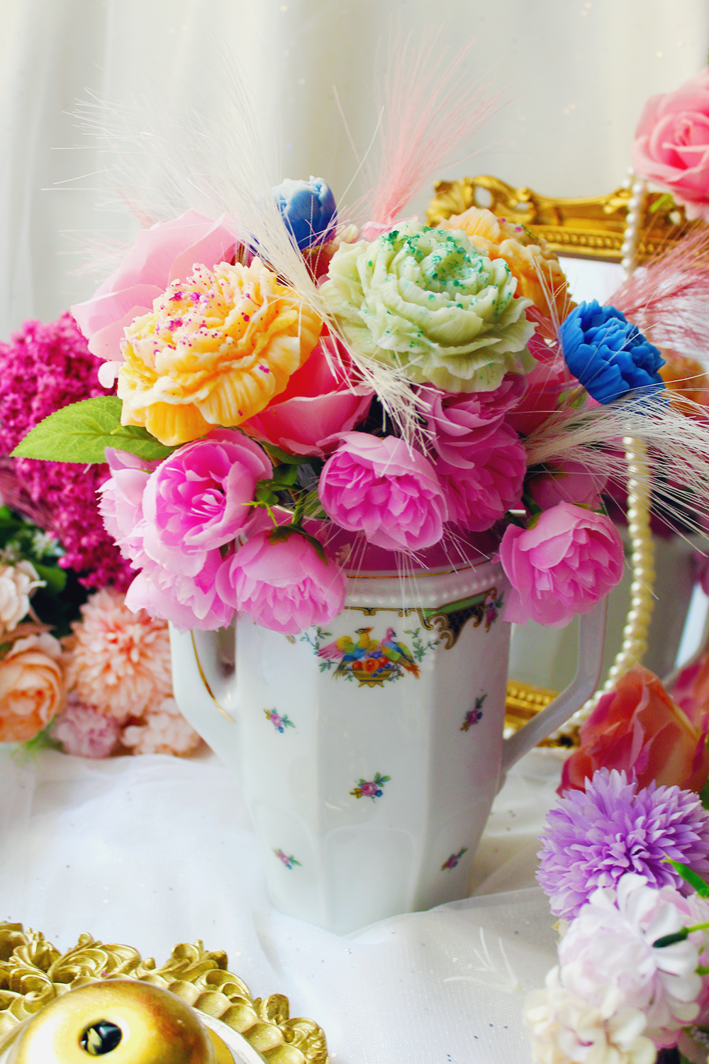 Bouquet théière "Perruches multicolores"- Parfum yuzu