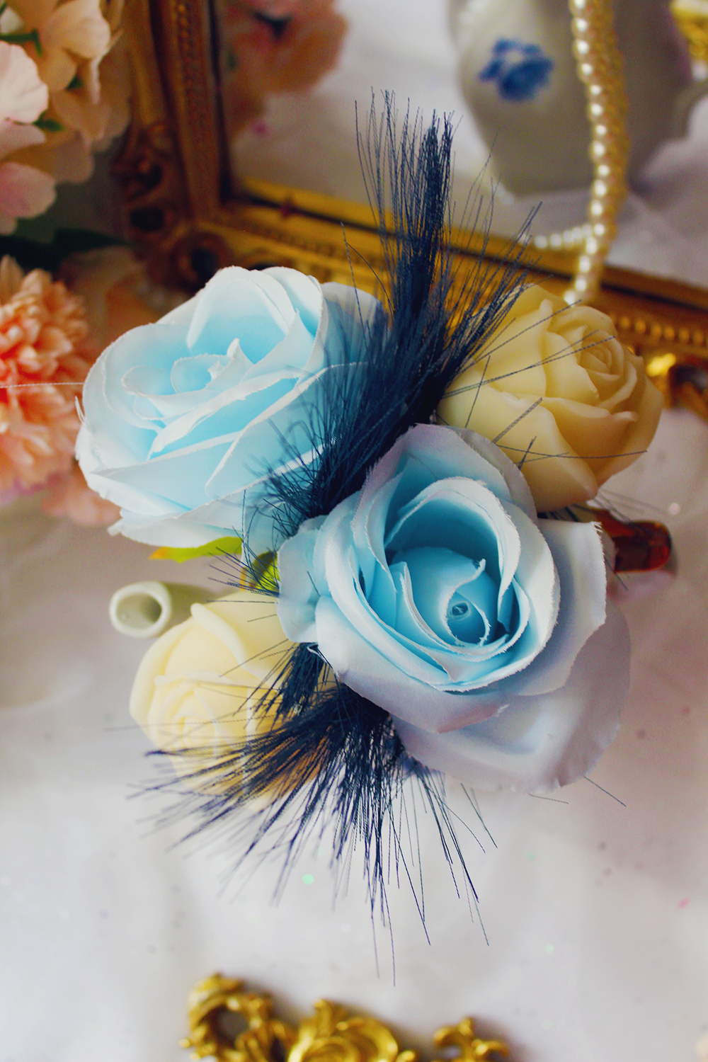 Mini bouquet théière "Fleurs bleues "- Parfum fleur de coton