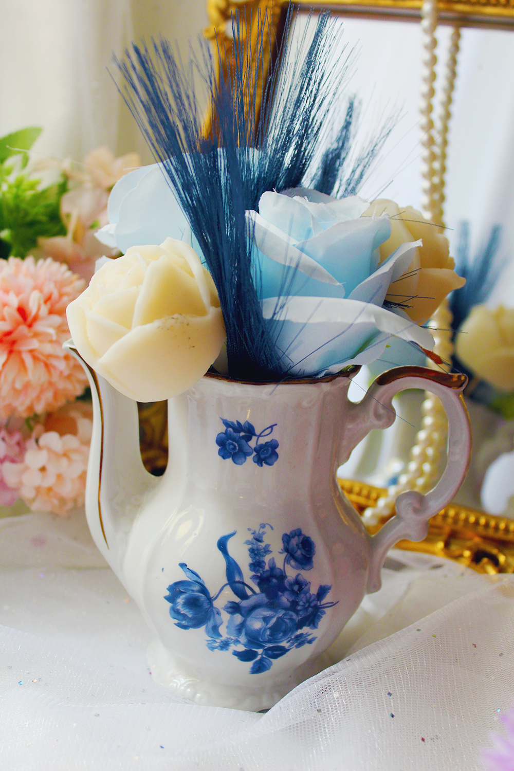 Mini bouquet théière "Fleurs bleues "- Parfum fleur de coton