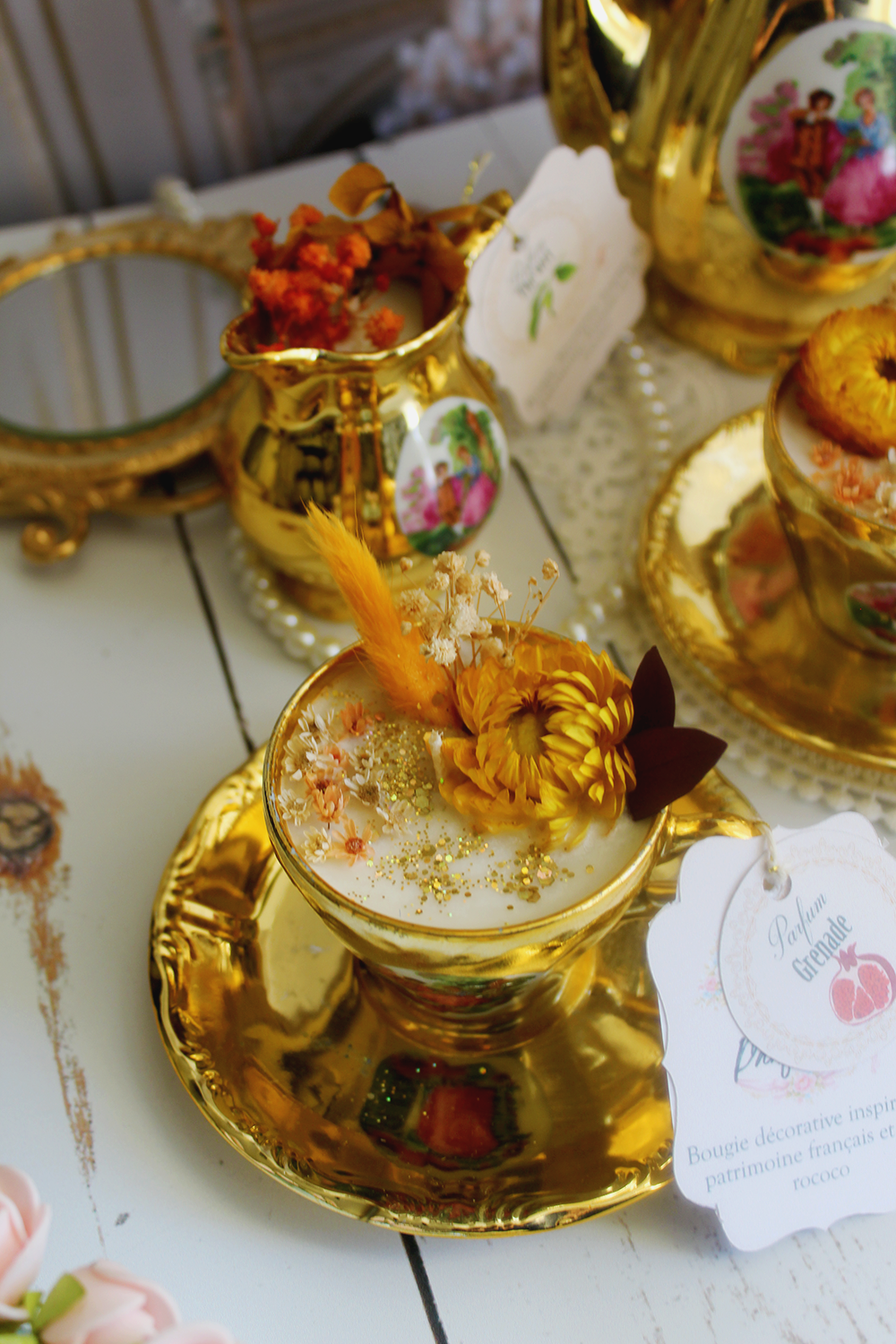 Collection "Infusion doré" service à café non signé transformé en bougie unique - assortiment de parfum fruité et végétal
