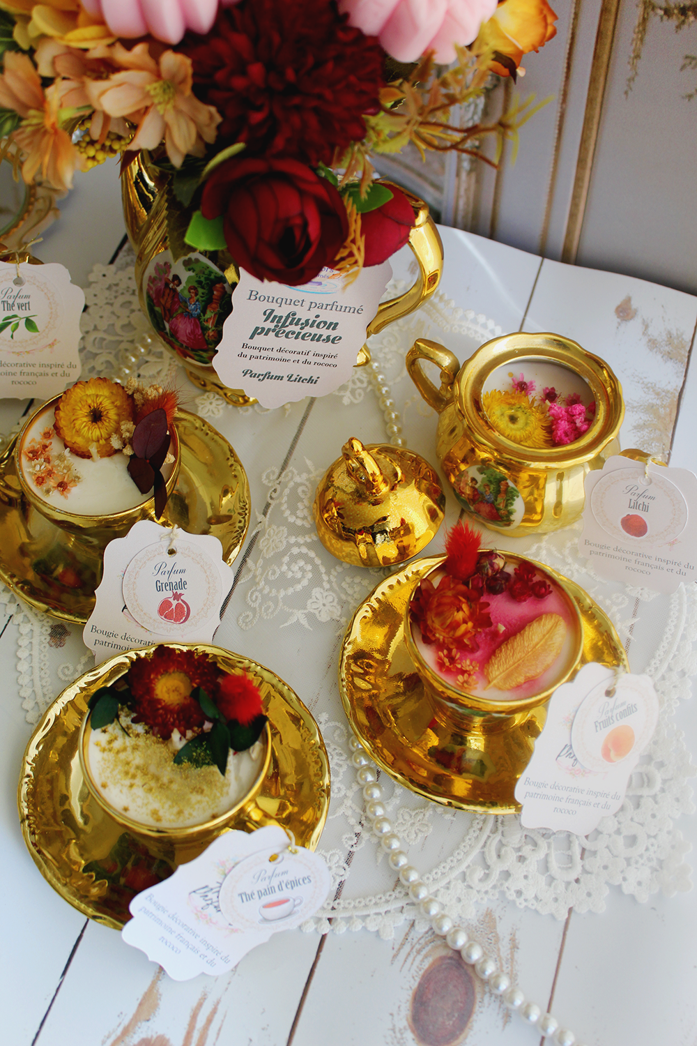 Collection "Infusion doré" service à café non signé transformé en bougie unique - assortiment de parfum fruité et végétal