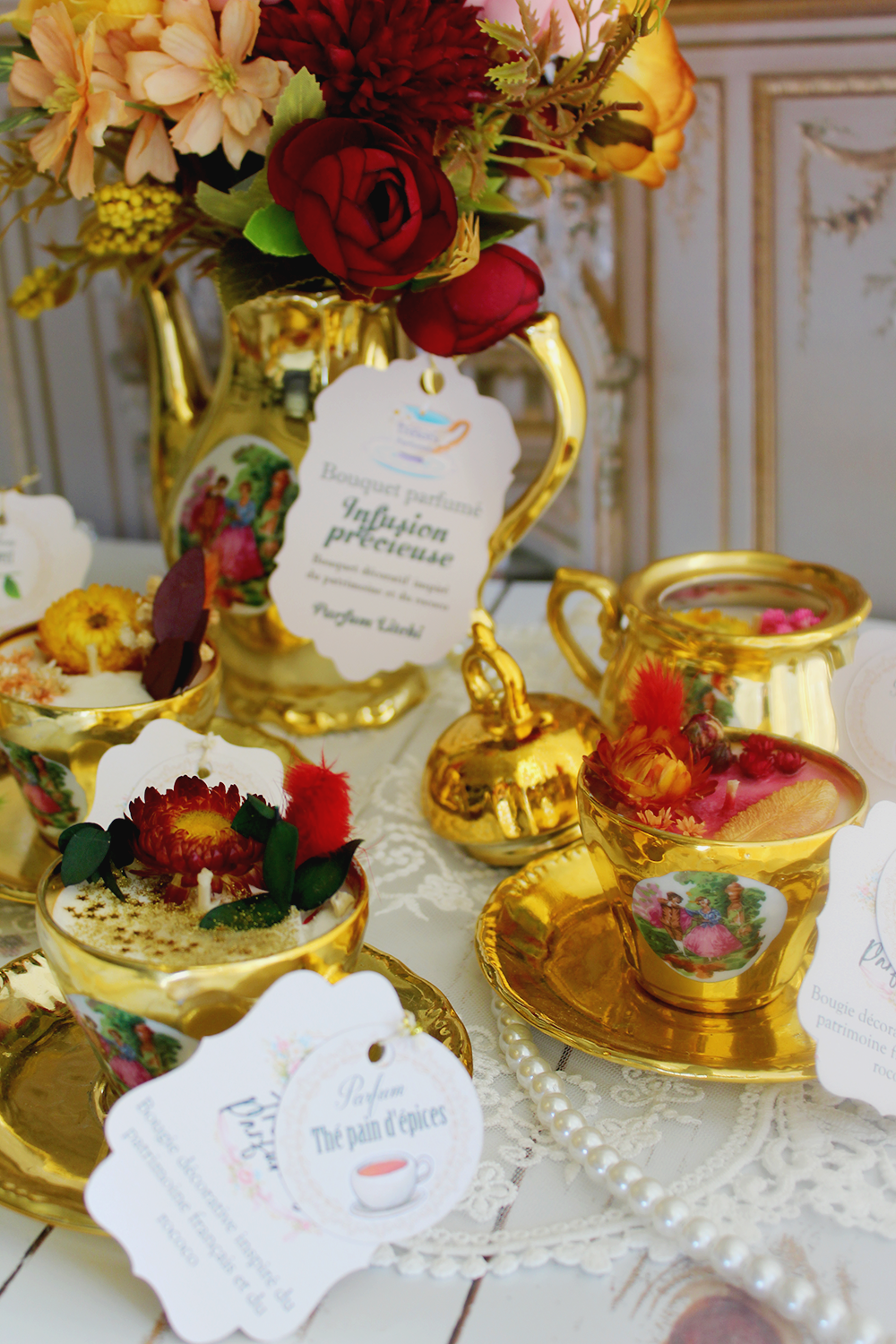 Collection "Infusion doré" service à café non signé transformé en bougie unique - assortiment de parfum fruité et végétal
