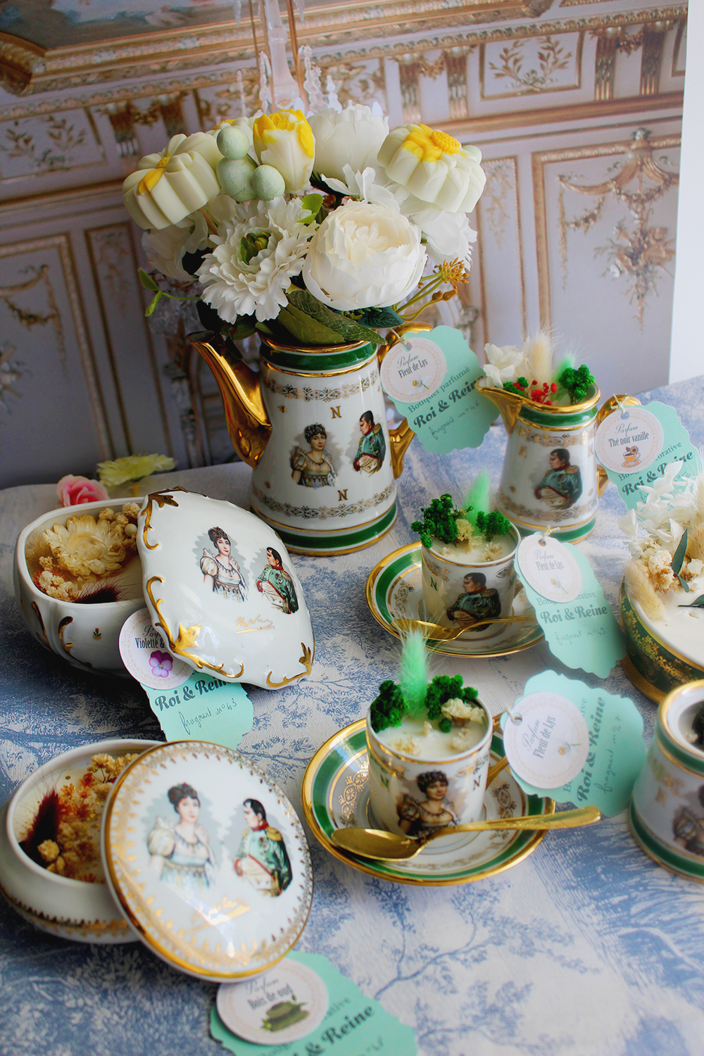 Collection Prestige « Roi & Reine » – service à café transformé en bougie en porcelaine de Luxe authentique parfum royal