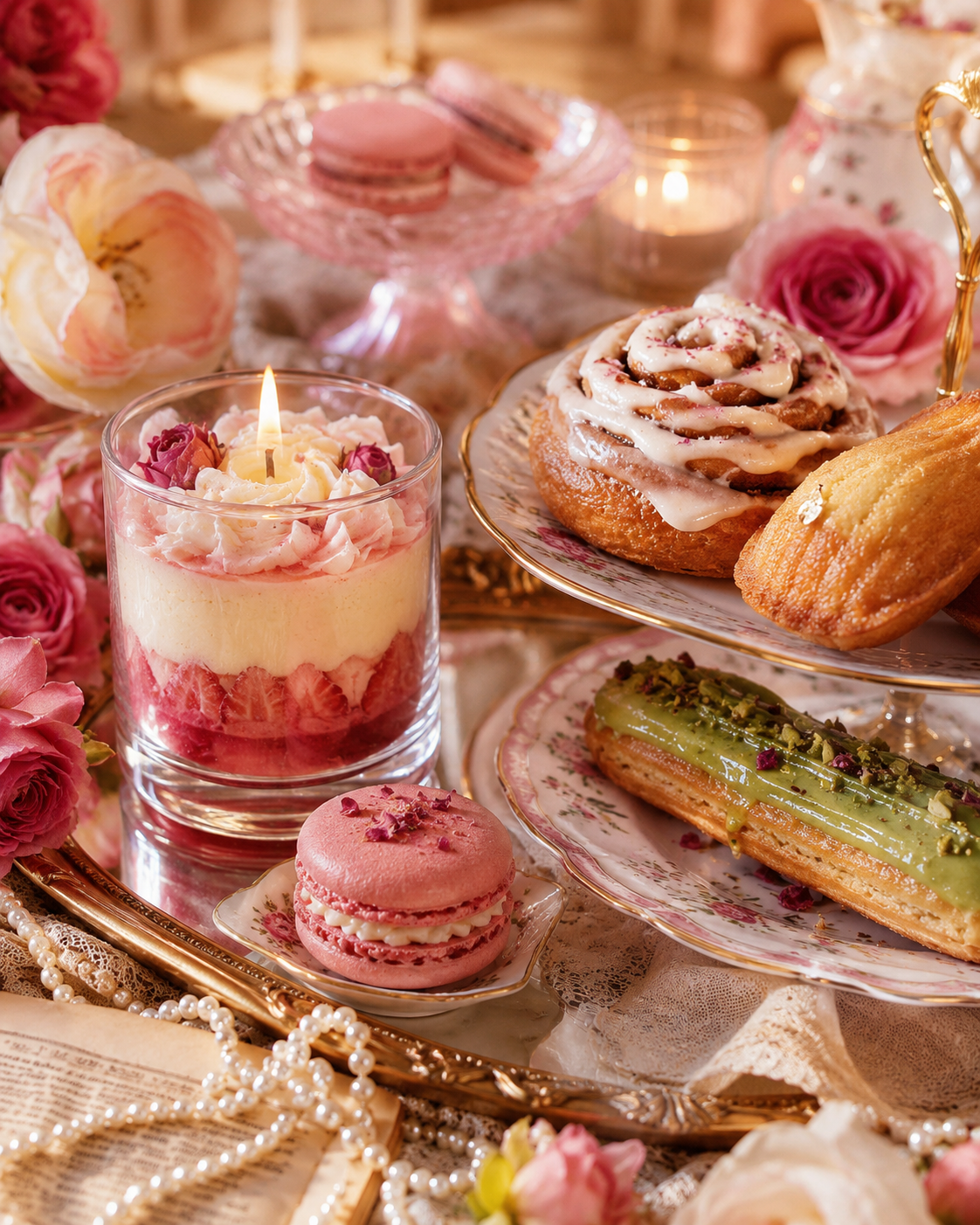 Bougie gourmande Crèmes & Chantilly dans une ambiance salon de thé romantique