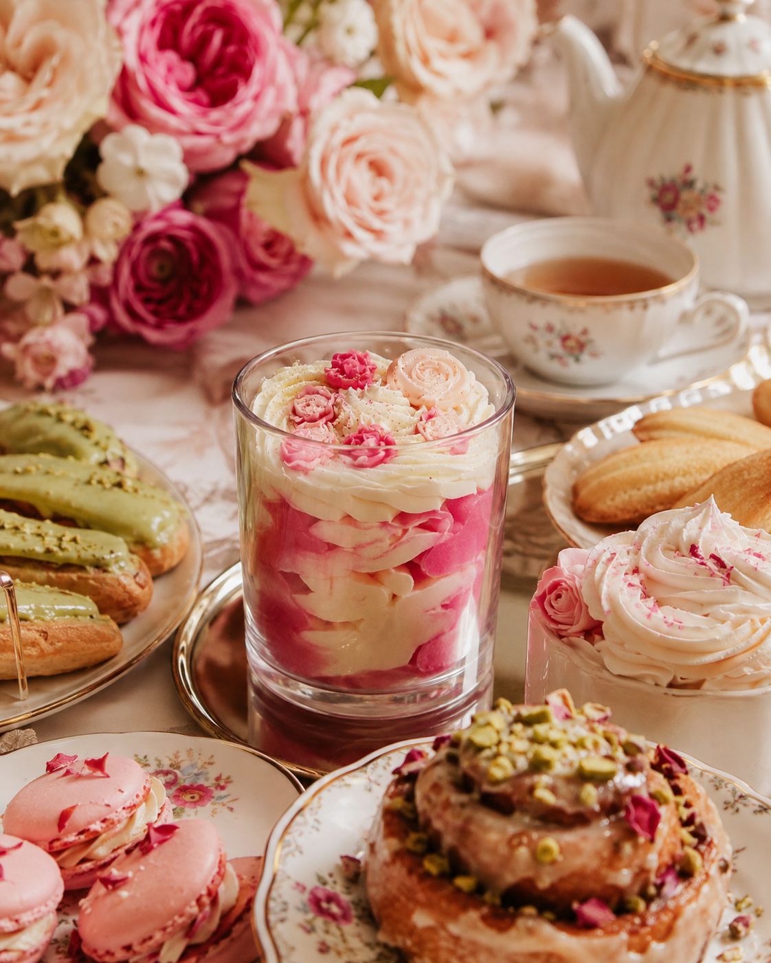 Bougie en verre et douceurs pâtissières dans une ambiance romantique