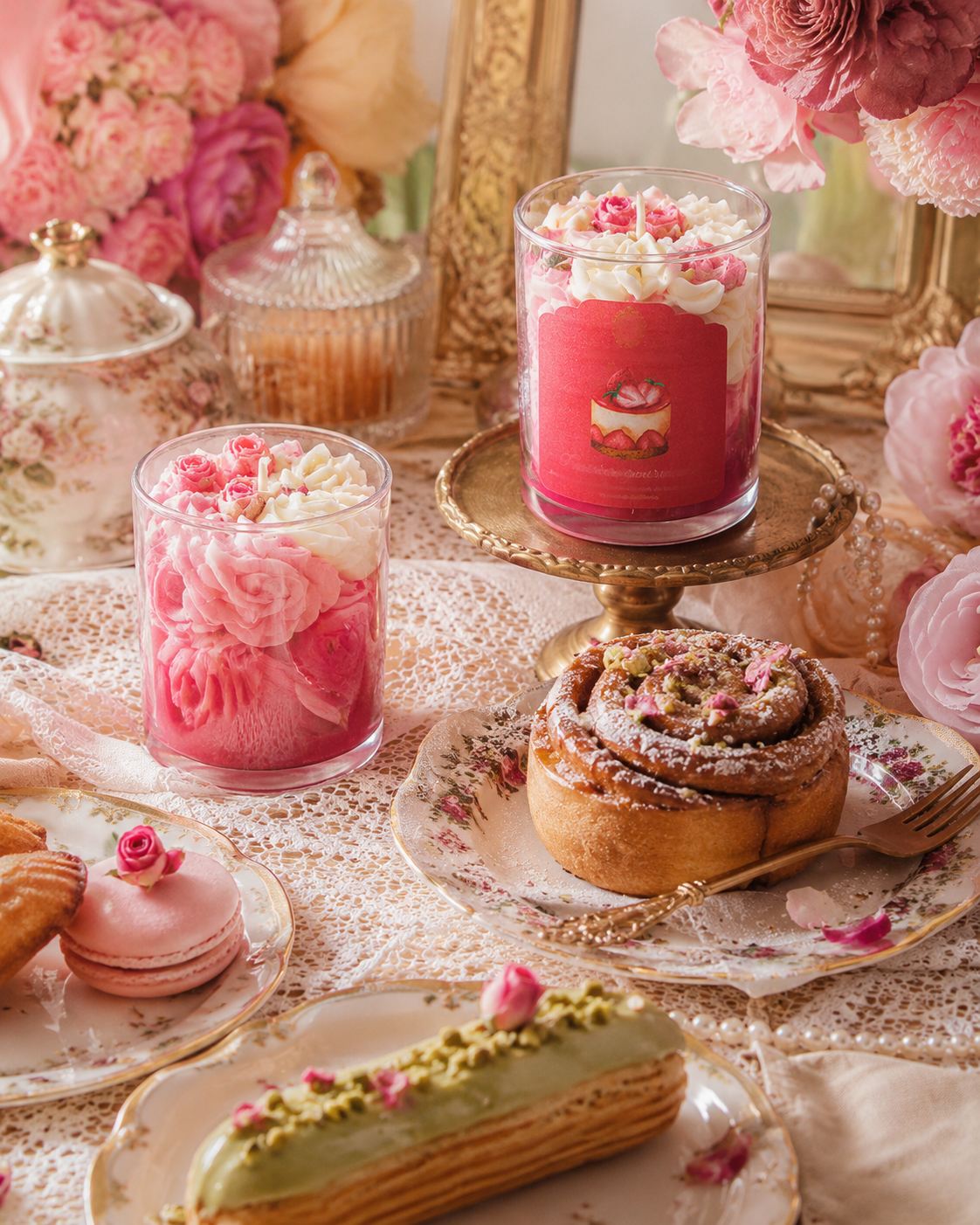 Pâtisseries gourmandes et bougie parfumée dans un univers salon de thé